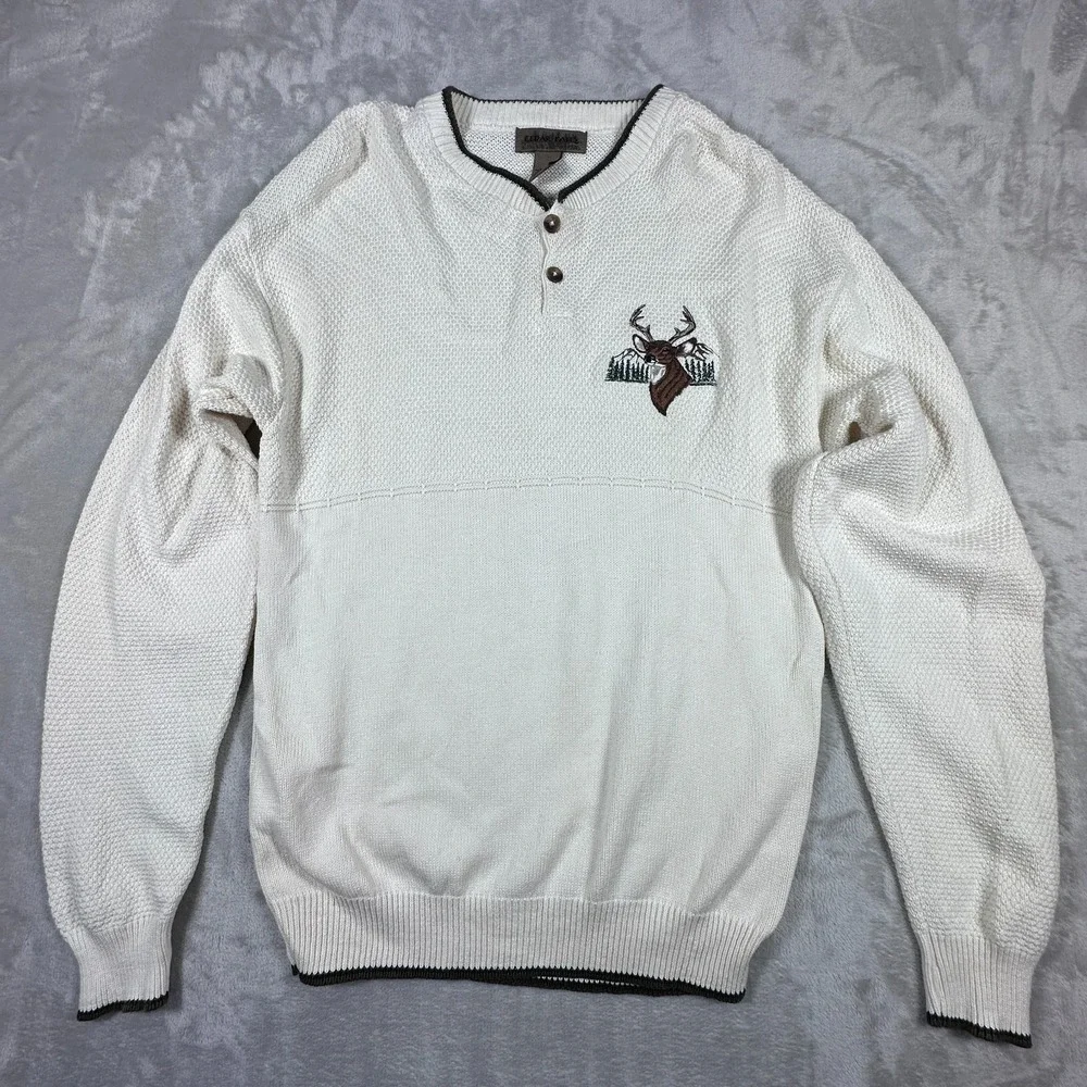 Cedar Falls Henley Sweater Mens Size Medium Ivory Knit Embroidered Deer Wildlife